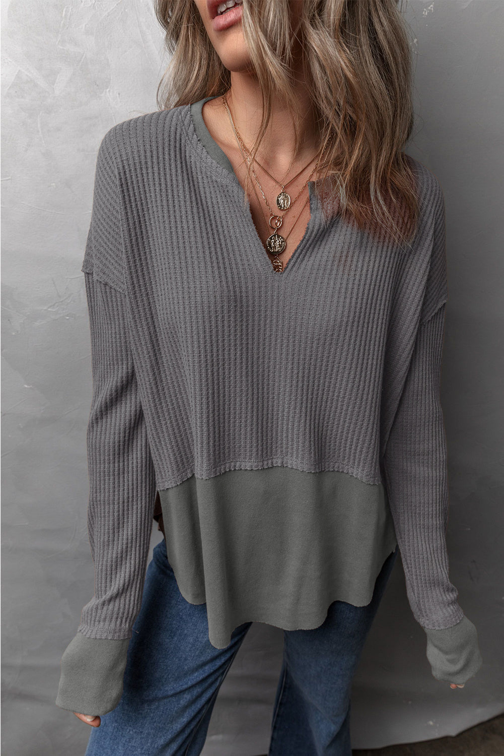 Waffle-Knit Exposed Seam Notched Long Sleeve Top - Shimmervee