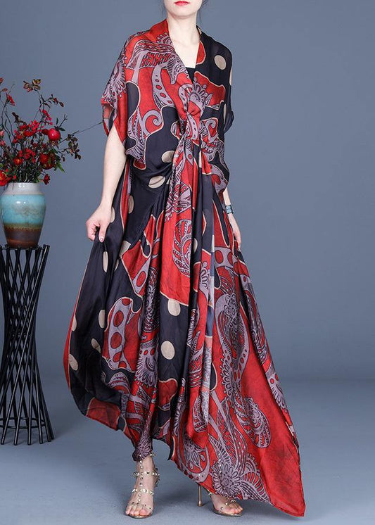 Art Red Dot Print Silk Two Pieces Set Summer long Dress - SooLinen