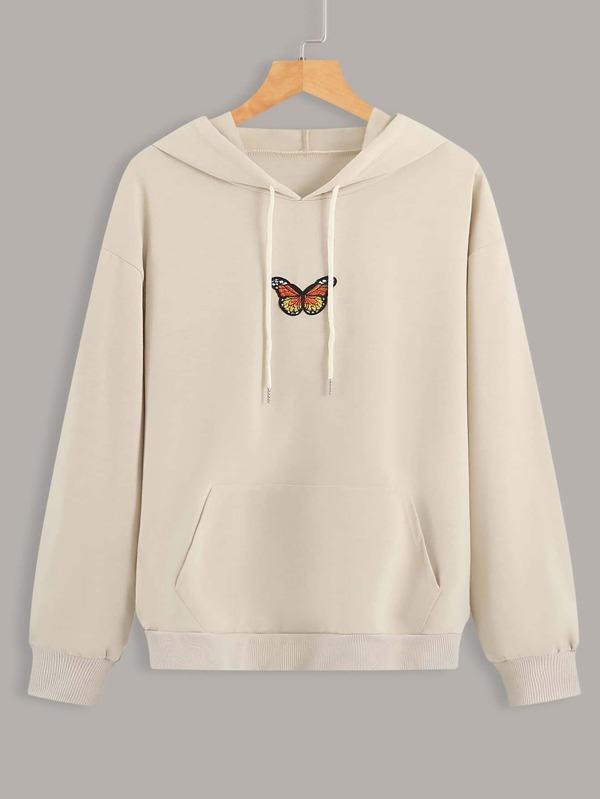 Butterfly Patched Kangaroo Pocket Drawstring Hoodie - INS | Online Fashion Free Shipping Clothing, Dresses, Tops, Shoes