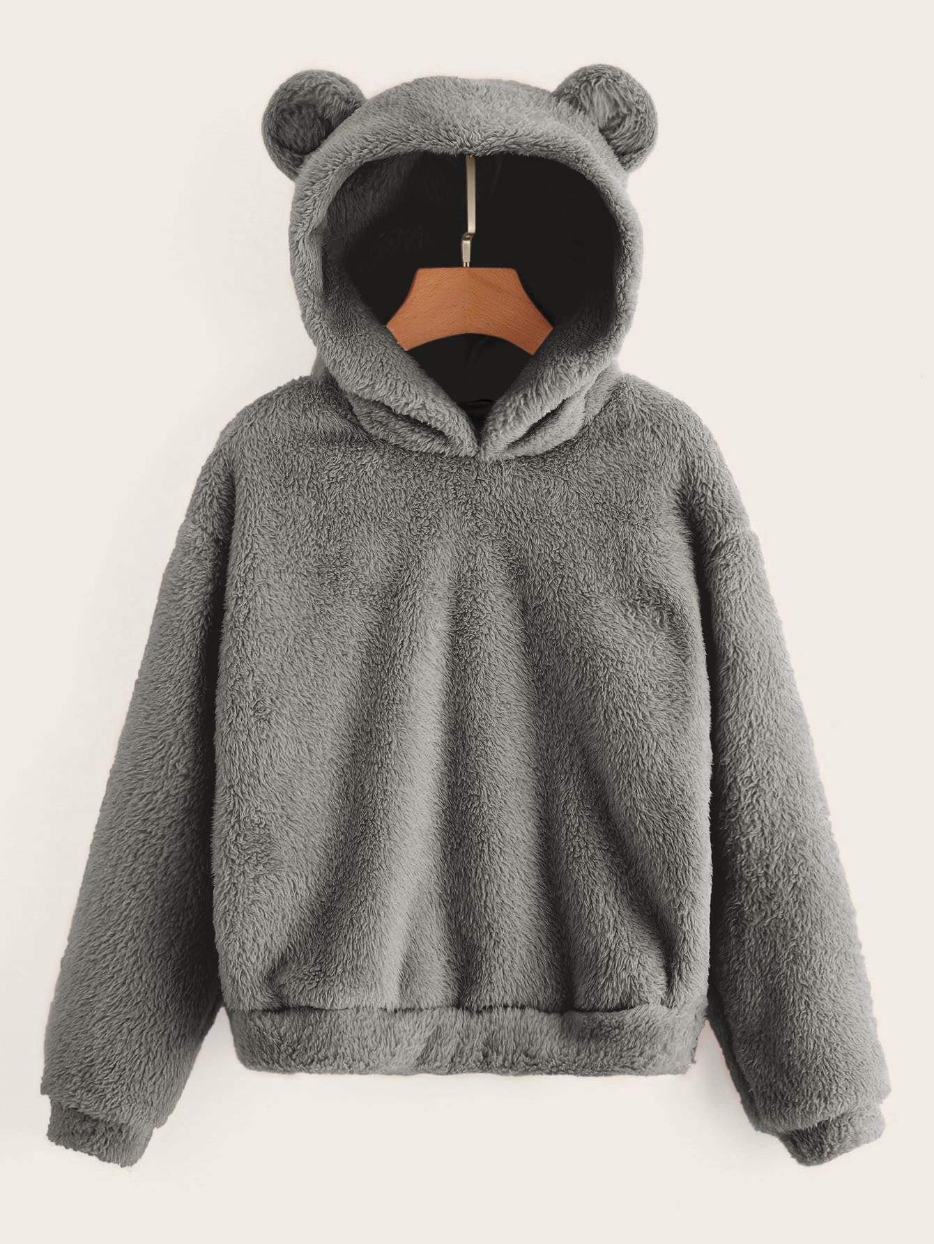 Drop Shoulder Solid Teddy Hoodie With Bear Ears - INS | Online Fashion Free Shipping Clothing, Dresses, Tops, Shoes